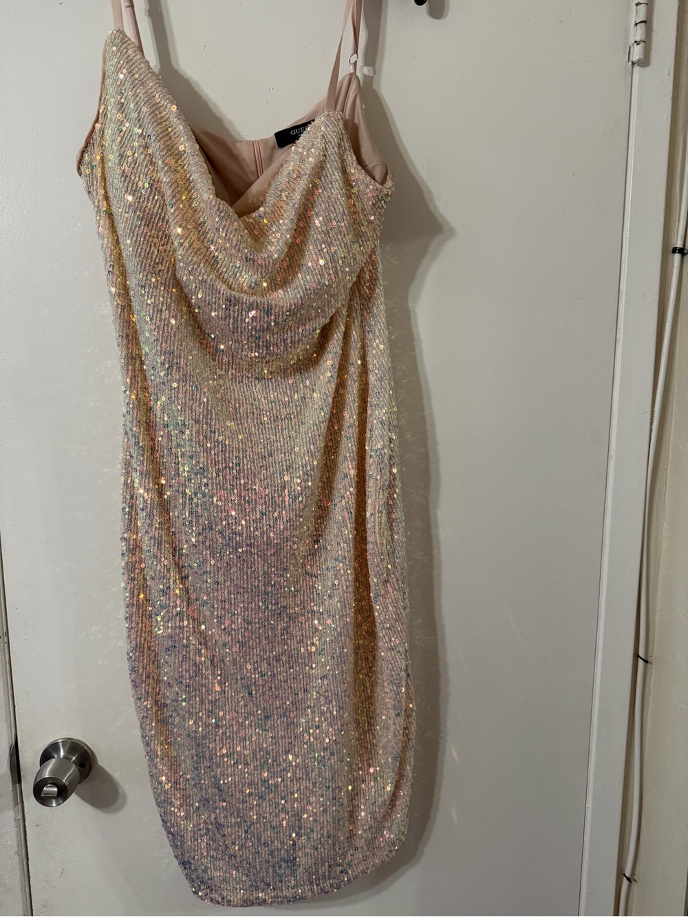 Guess Iridescent Sequin Cowl Neck Midi Dress in Blush